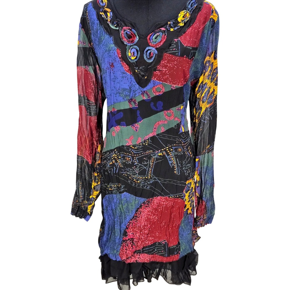Women's Kaktus Large Abstract Print Long Sleeve Tunic Dress‎ Artsy Ruffle Hem
